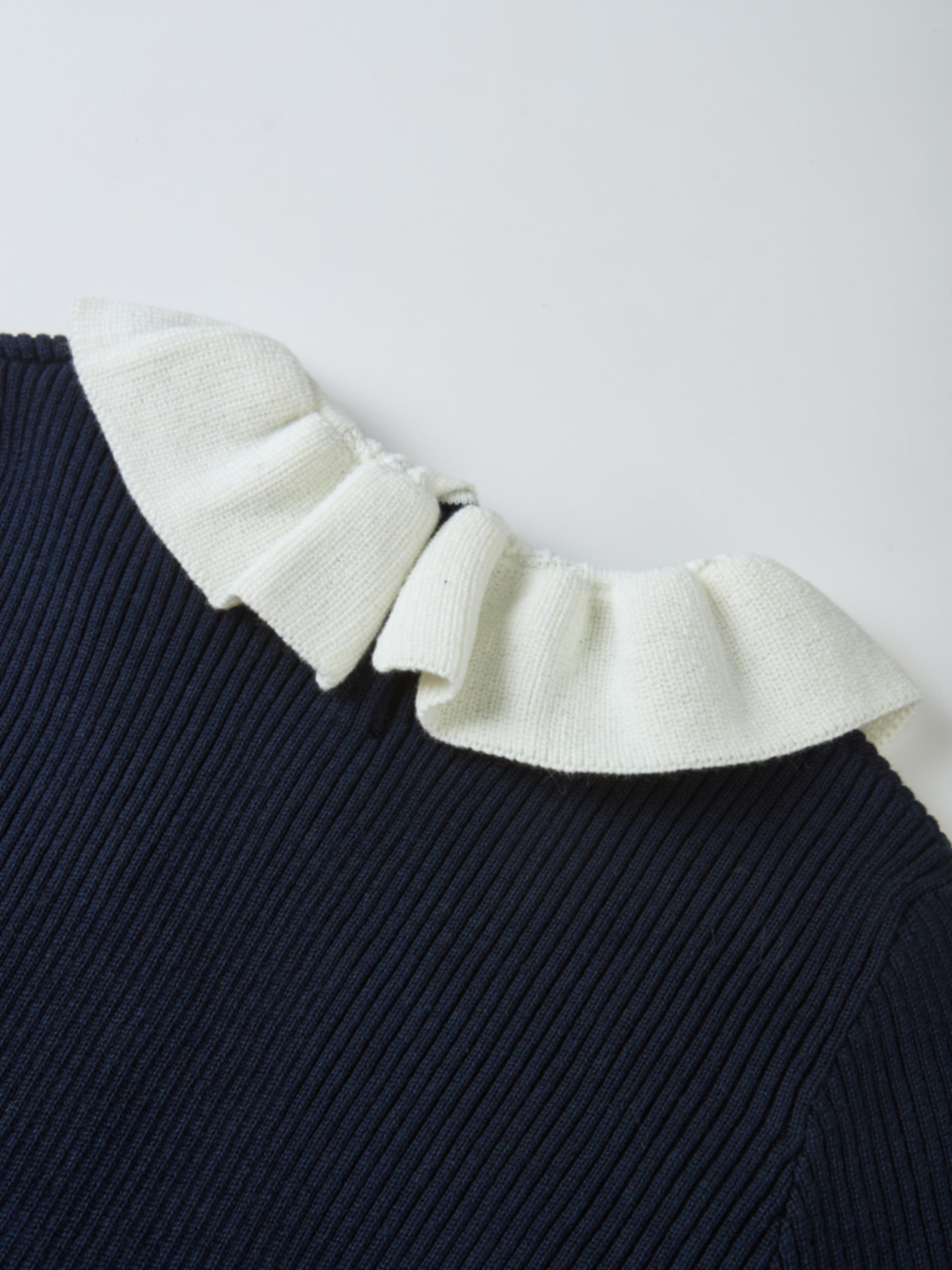 Ruffle Collar Knit Sweater - Navy with cream ruffle neckline, Adee girls dressy top