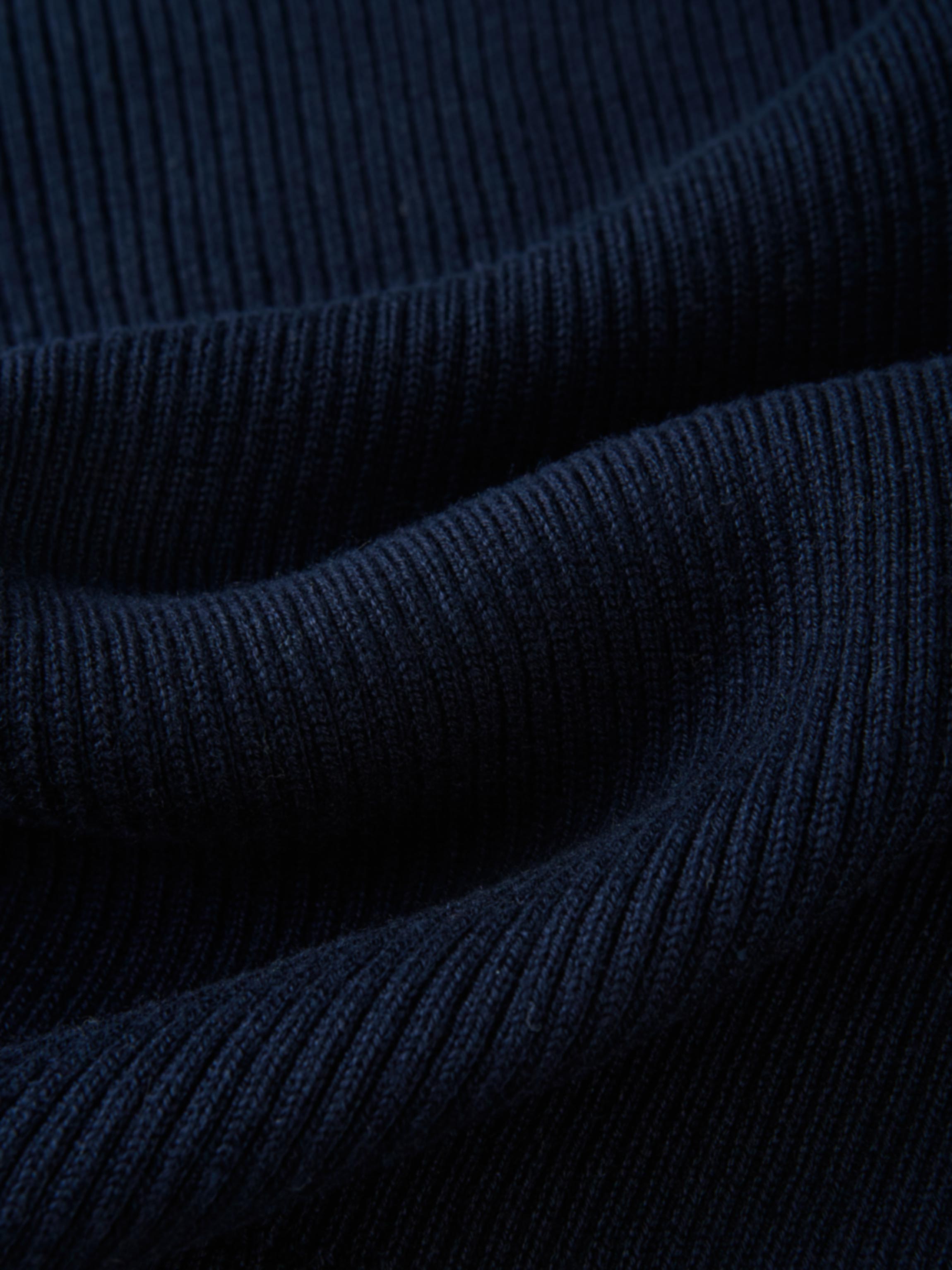 Ruffle Collar Knit Sweater Navy; dressy girls top fabric close-up with ribbed knit texture