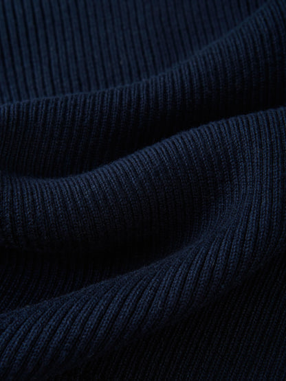 Ruffle Collar Knit Sweater Navy; dressy girls top fabric close-up with ribbed knit texture