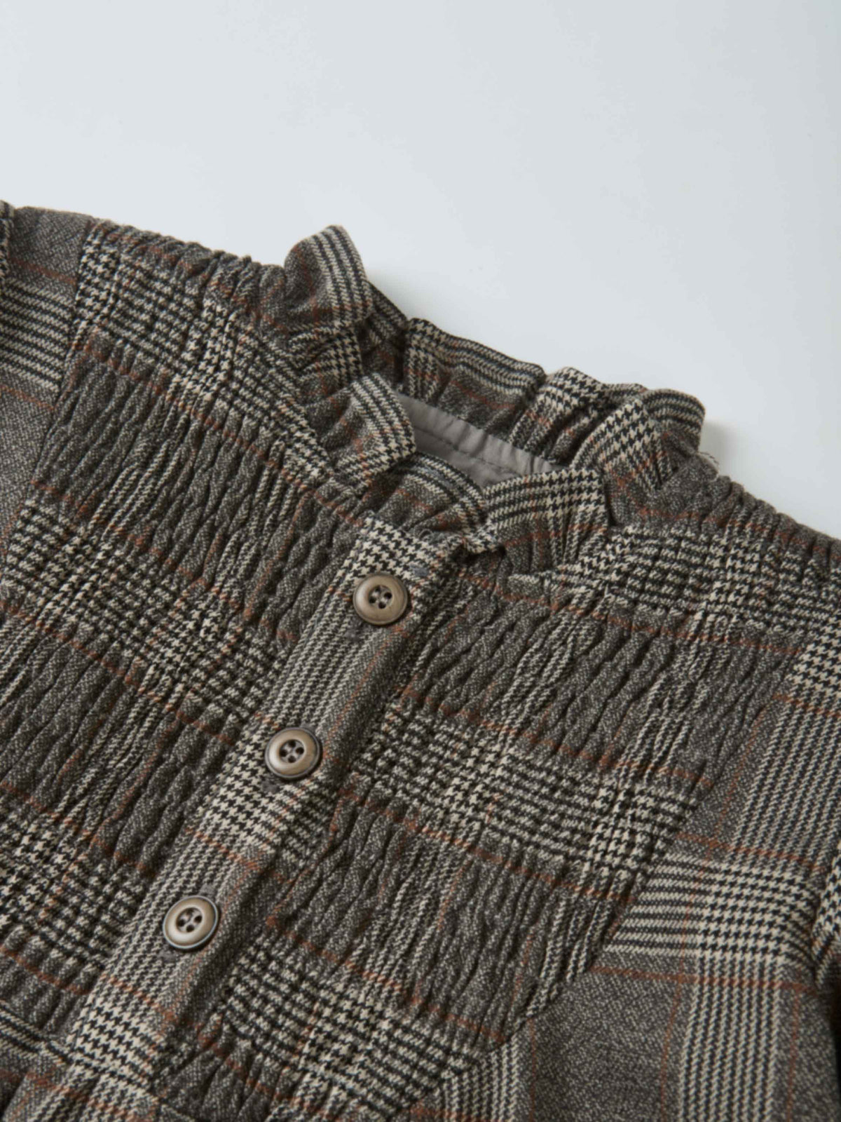 Plaid shirt and bloomers set by Adee; grey plaid fabric with brown accents and button details