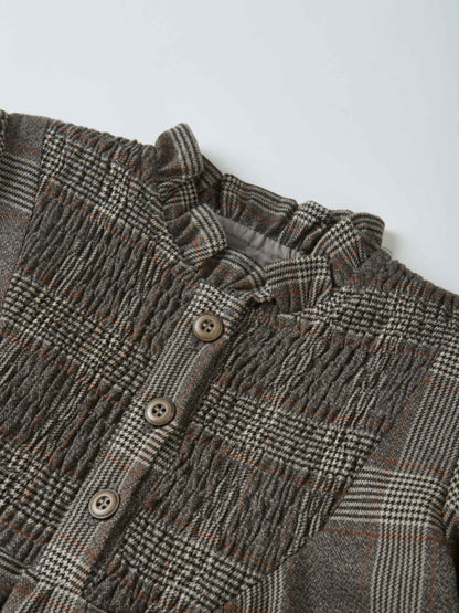 Plaid shirt and bloomers set by Adee; grey plaid fabric with brown accents and button details