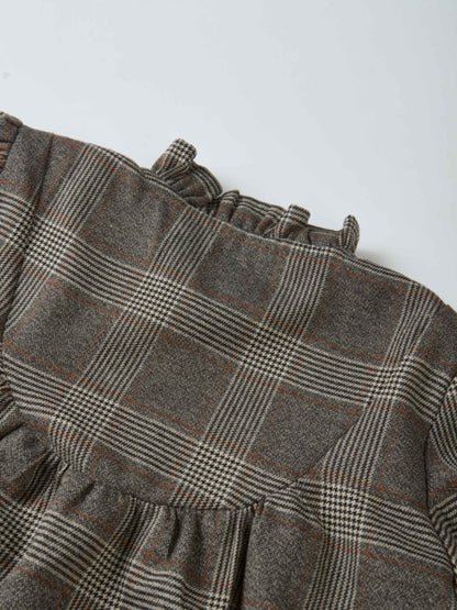 Plaid shirt and bloomers set, grey fabric with small checks and rust lines, featuring a ruffled edge.