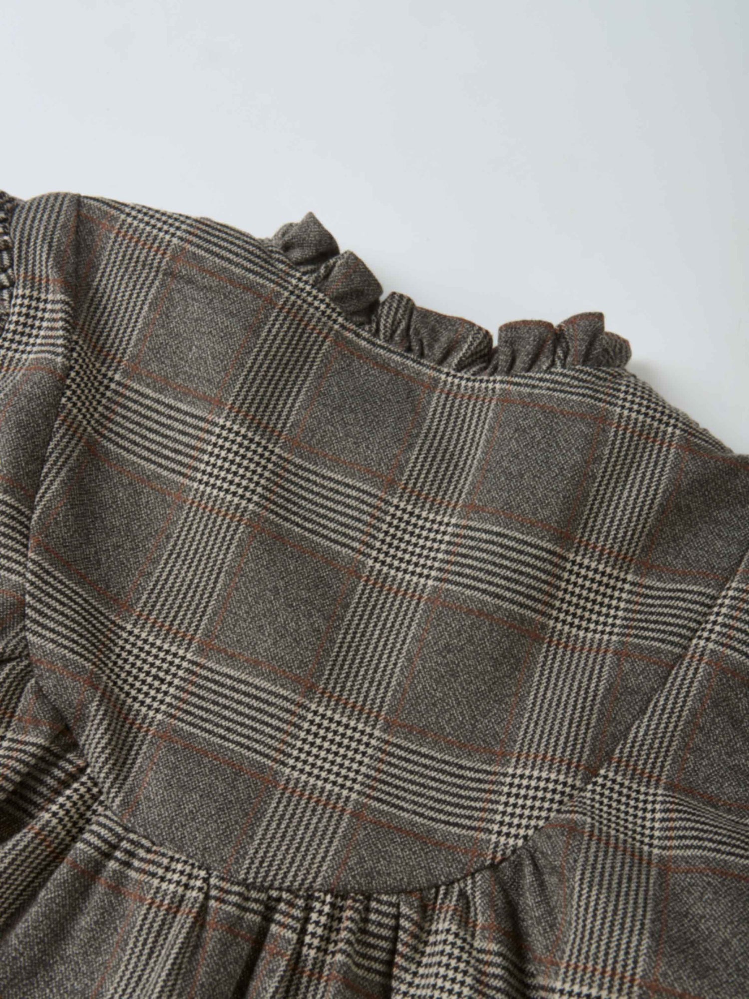 Plaid dress - grey, girls dressy style with ruffled neckline and waist.