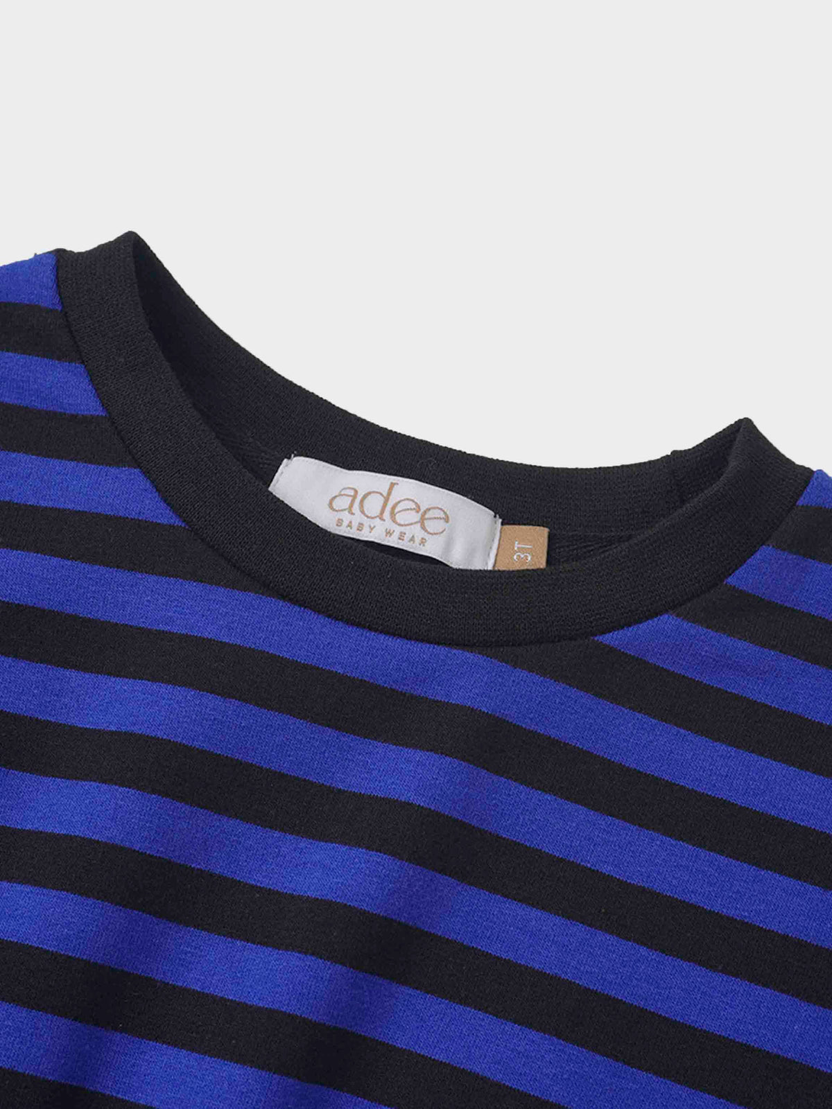Striped blue and black drawstring dress for girls, cozy crew-neck sweatshirt style.