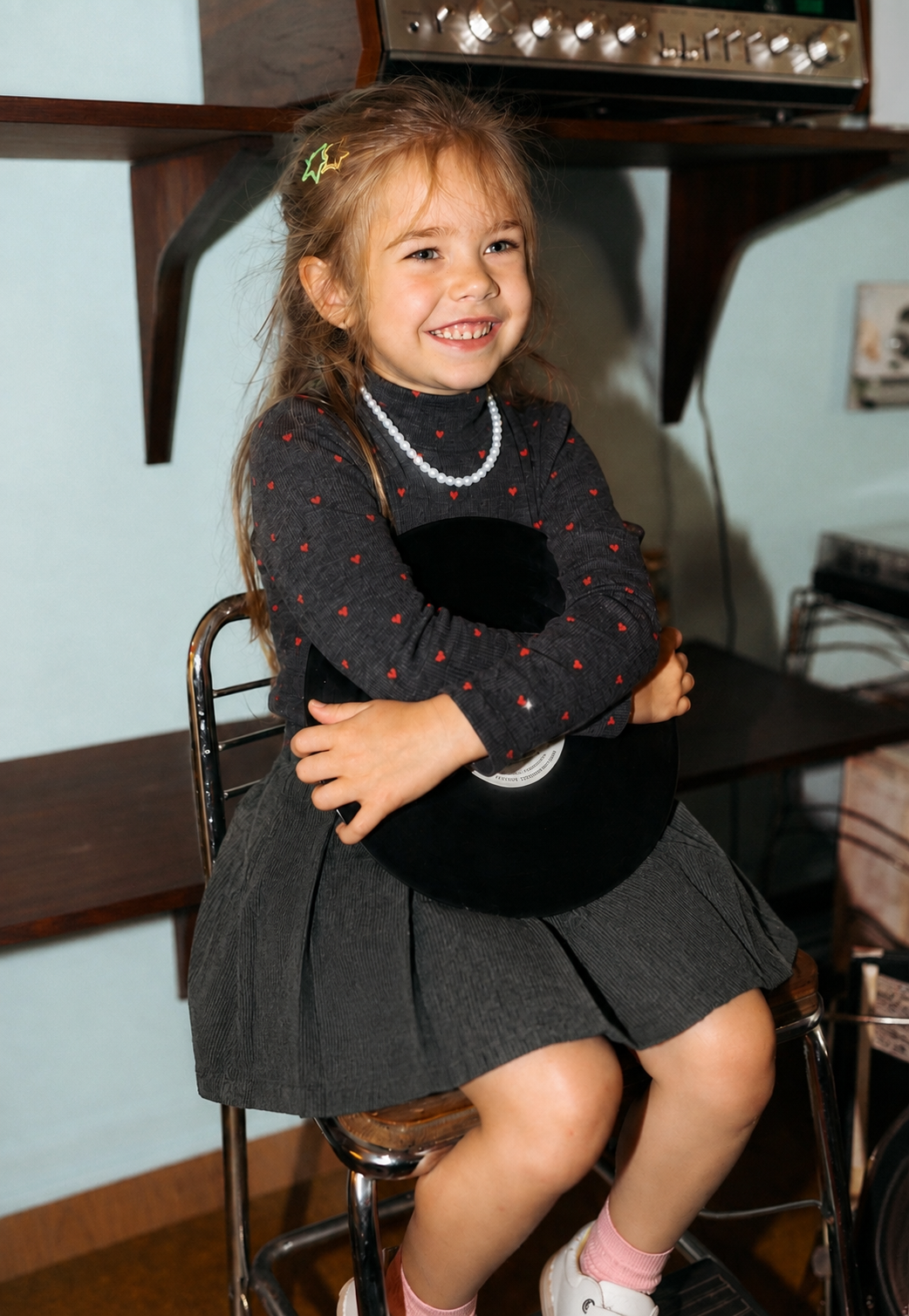 Ribbed Heart Mock Neck T-Shirt - Grey for girls by Adee