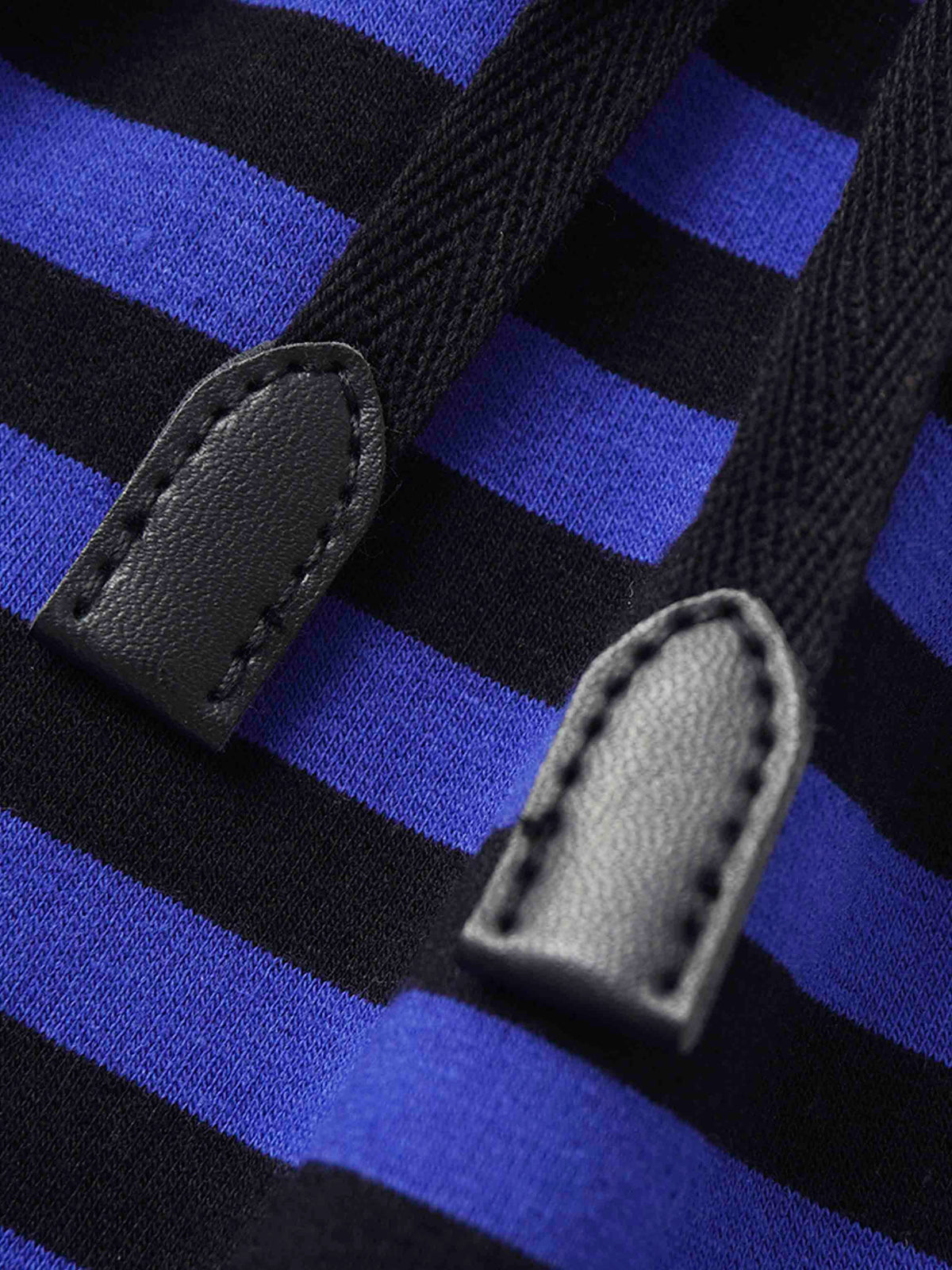 Striped blue and black sweatshirt dress fabric with drawstring tabs.