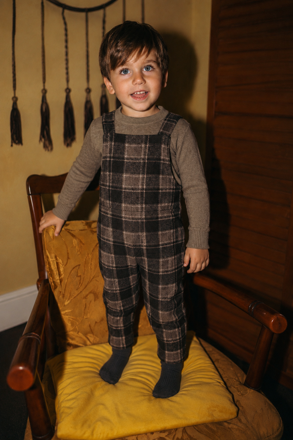 Plaid Overalls for Boys by Adee, brown and black check, dressy apparel