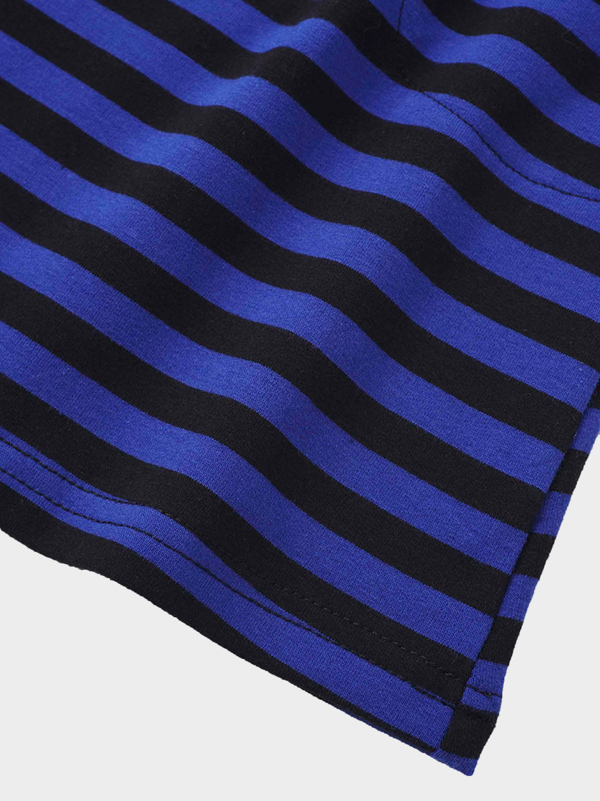 Striped Drawstring Dress - Blue &amp; Black fabric, a cozy long-sleeve girls&