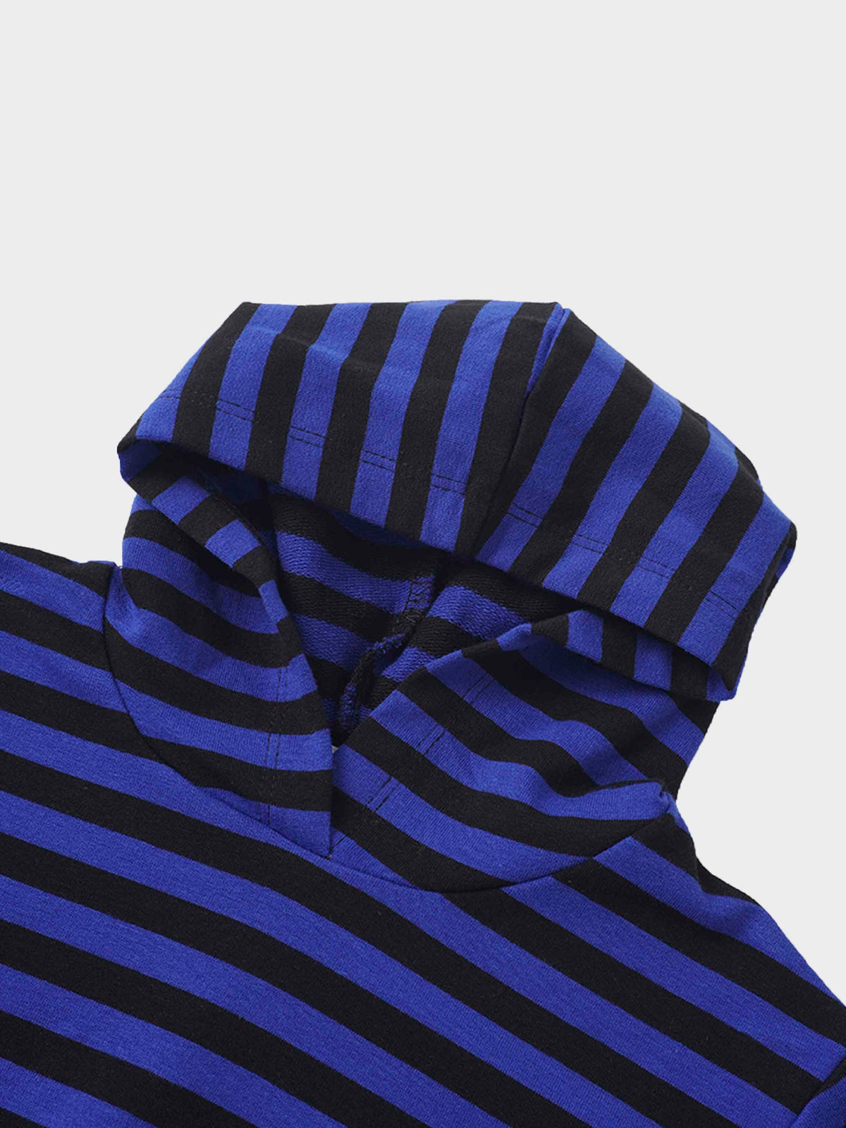 Blue and black striped hoodie sweatshirt for boys with solid black cuffs and hem.