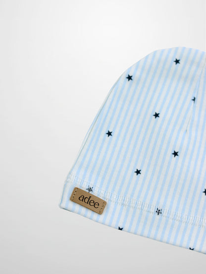 Blue Star Hat for boys, light blue and white striped with navy stars, Adee.