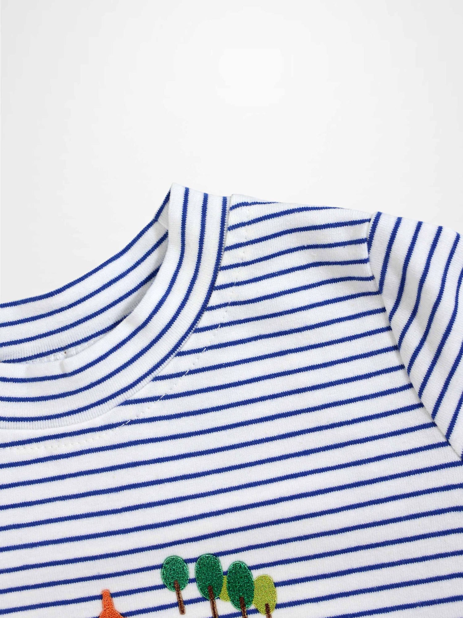 Eiffel Tower Shorts Set; white and blue striped knit top with green tree embroidery