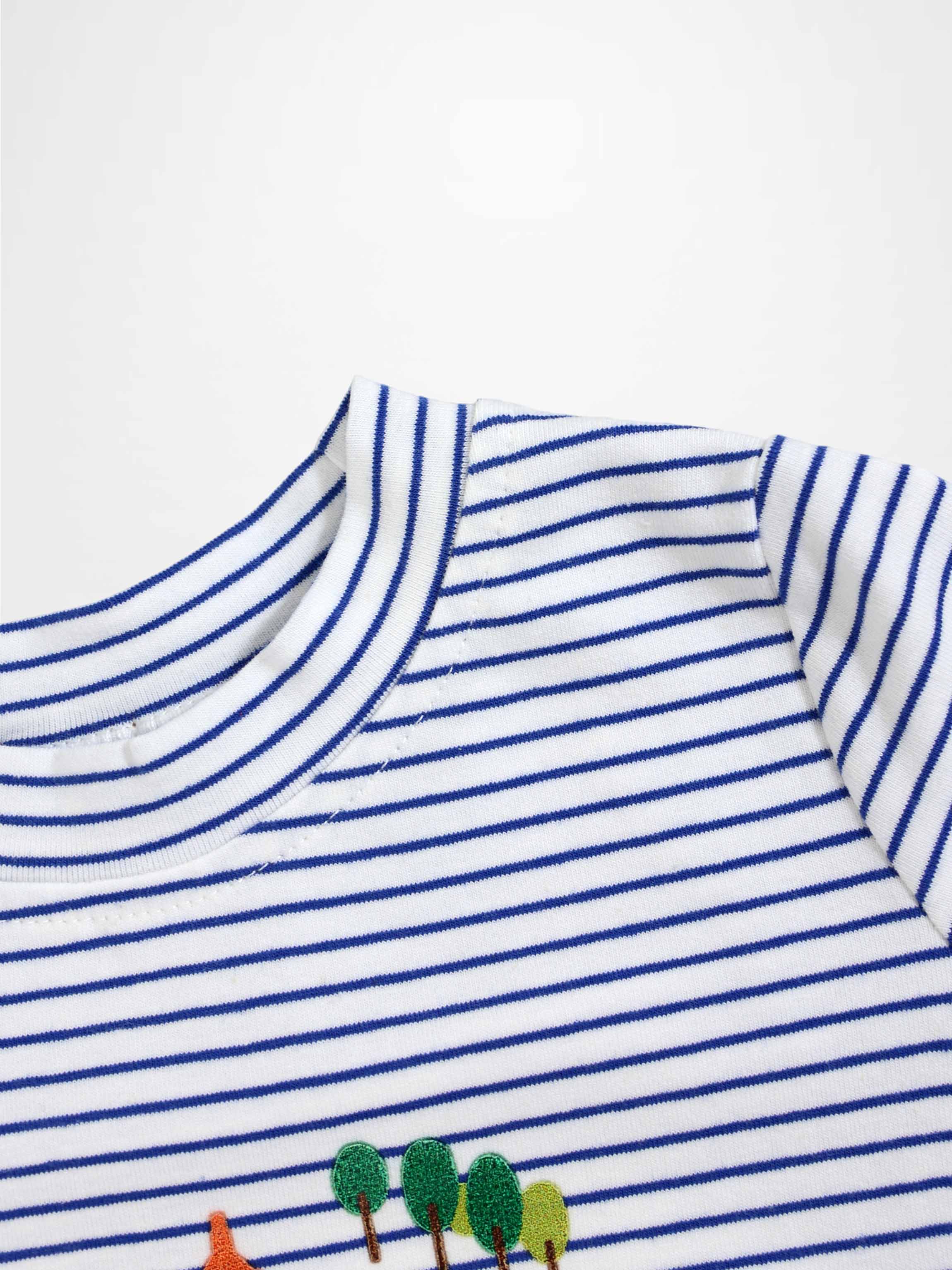Eiffel Tower Shorts Set; white and blue striped knit top with green tree embroidery