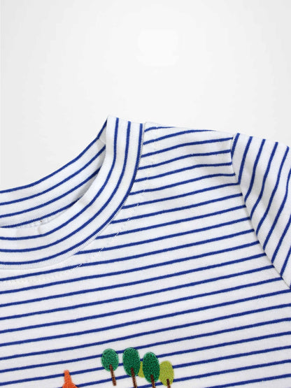 Eiffel Tower Shorts Set; white and blue striped knit top with green tree embroidery