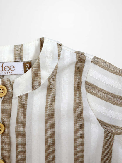 Tan and white striped romper with a collar and wooden buttons.