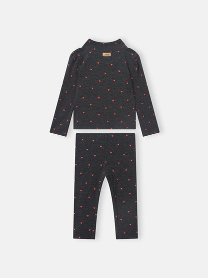 Ribbed Heart Set for little girls by Adee, grey with red heart pattern, 2-piece
