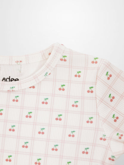 Cherry Window Pajamas for girls by Adee; light pink plaid with cherry motif