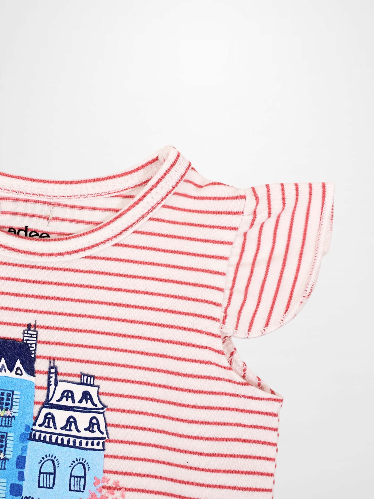 Little Paris Bloomers &amp; Tank Set by Adee, pink and white striped top with a ruffled sleeve and blue city print.