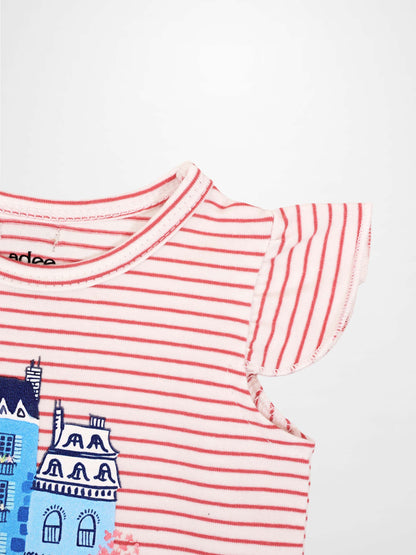 Little Paris Bloomers &amp; Tank Set by Adee, pink and white striped top with a ruffled sleeve and blue city print.
