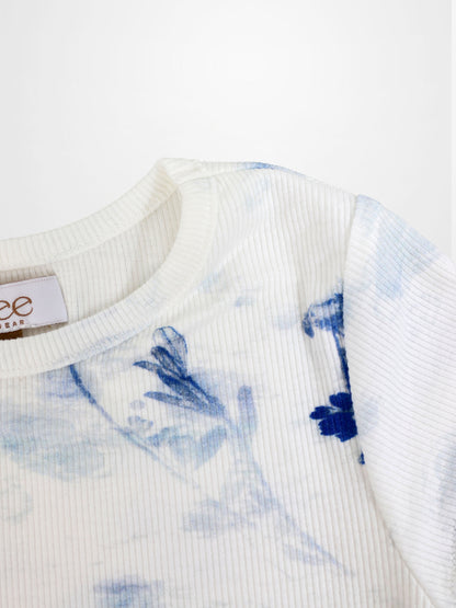 Blue Flower T-Shirt for girls by Adee, short sleeve with white rib knit and blue floral pattern.