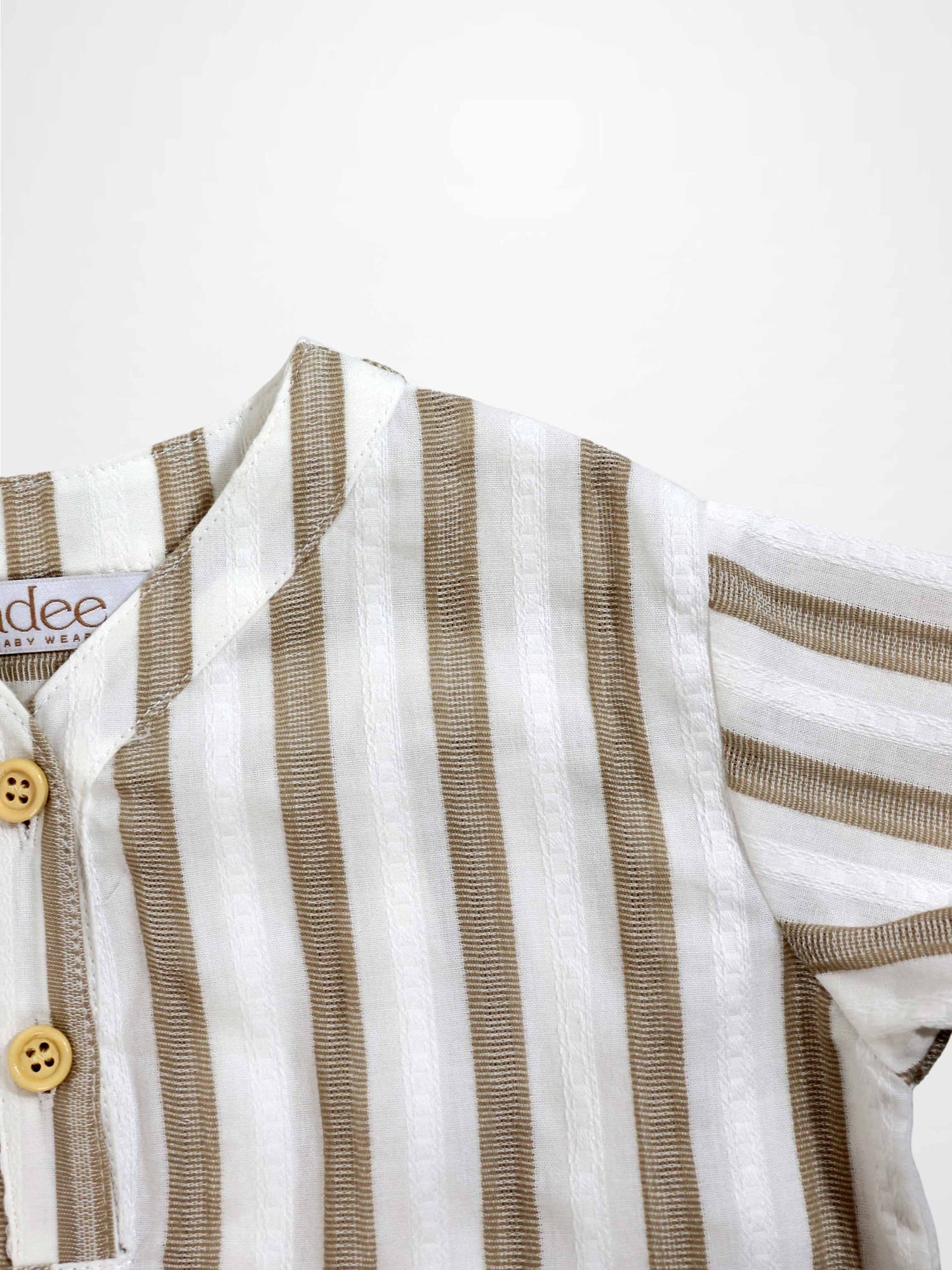Tan and white striped shirt for boys by Adee, dressy top with beige buttons.