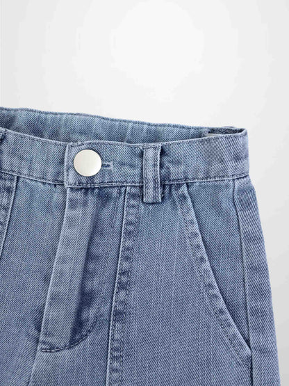 Cuffed Denim Shorts for boys by Adee, light blue denim with metal button and belt loop.
