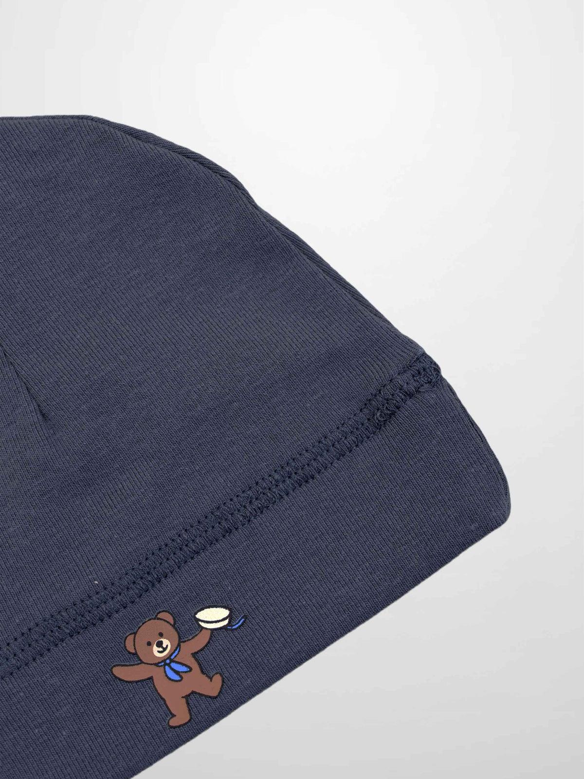 Teddy Frame Hat for boys, navy blue, with a small brown teddy bear graphic.
