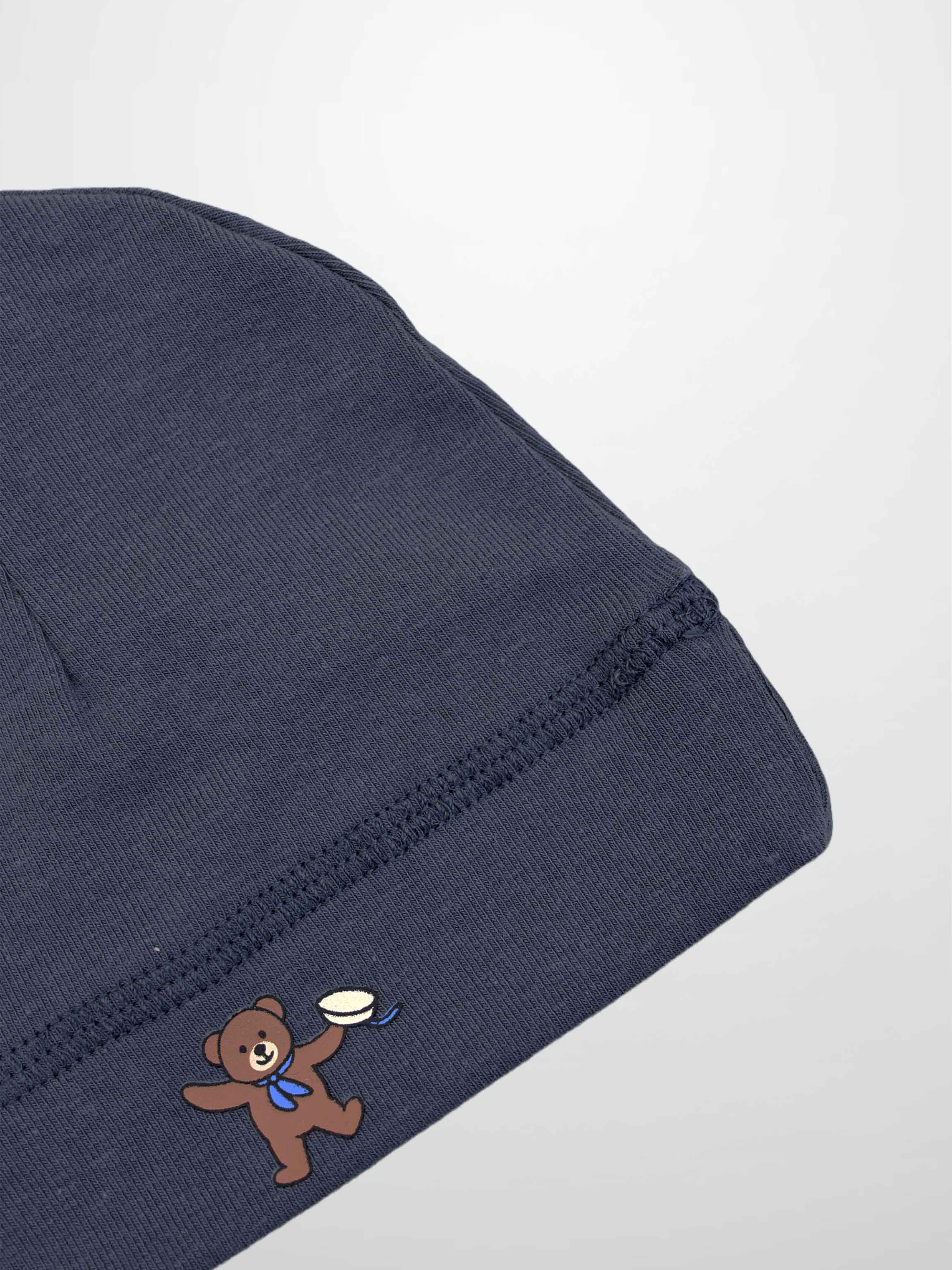 Teddy Frame Hat for boys, navy blue, with a small brown teddy bear graphic.