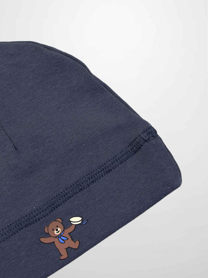 Teddy Frame Hat for boys, navy blue, with a small brown teddy bear graphic.