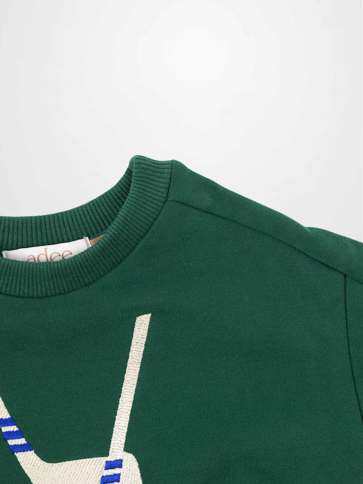 Dark green boys hockey sweatshirt with white crossed sticks, blue stripes, and a black puck accented in green and blue.