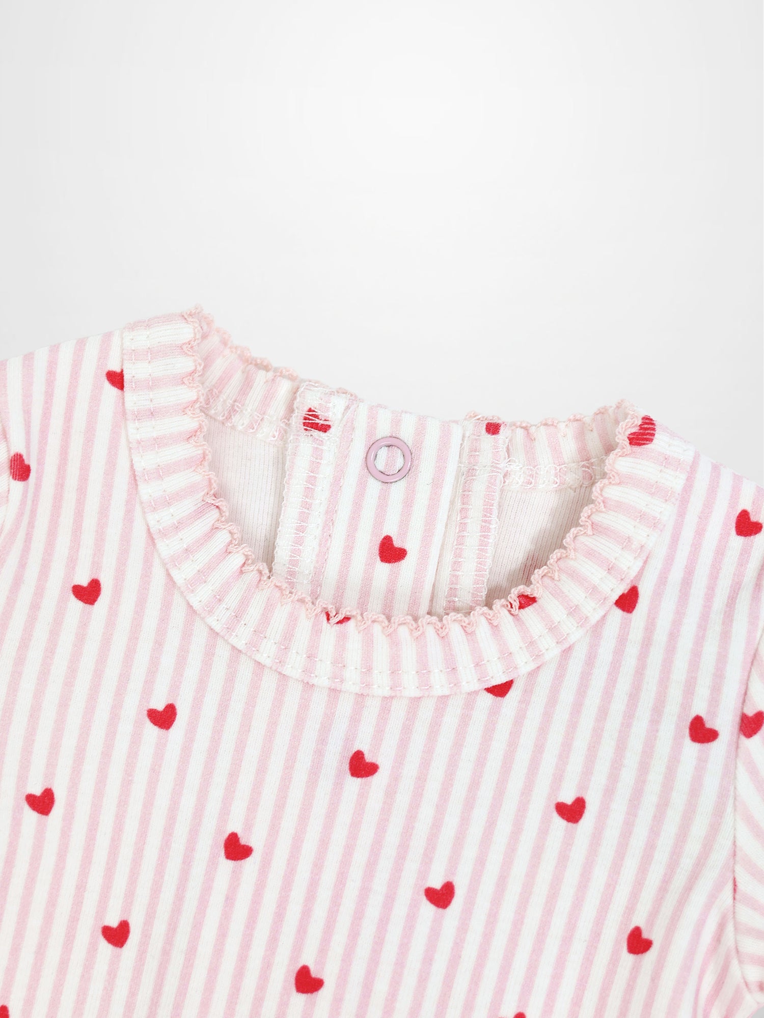 Pink Heart Stretchy with Lace Girls Stretchies in light pink and white stripes with red hearts, Adee