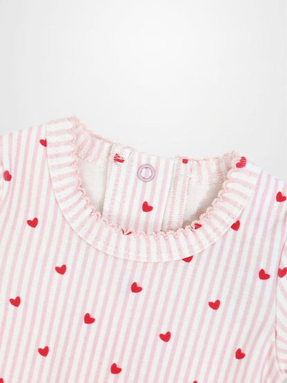 Pink Heart Stretchy with Lace Girls Stretchies in light pink and white stripes with red hearts, Adee