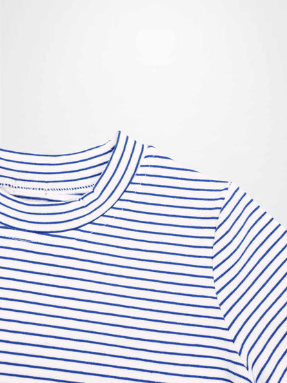 Blue Striped Boxy T-Shirt for boys, white with blue stripes, crew neck.
