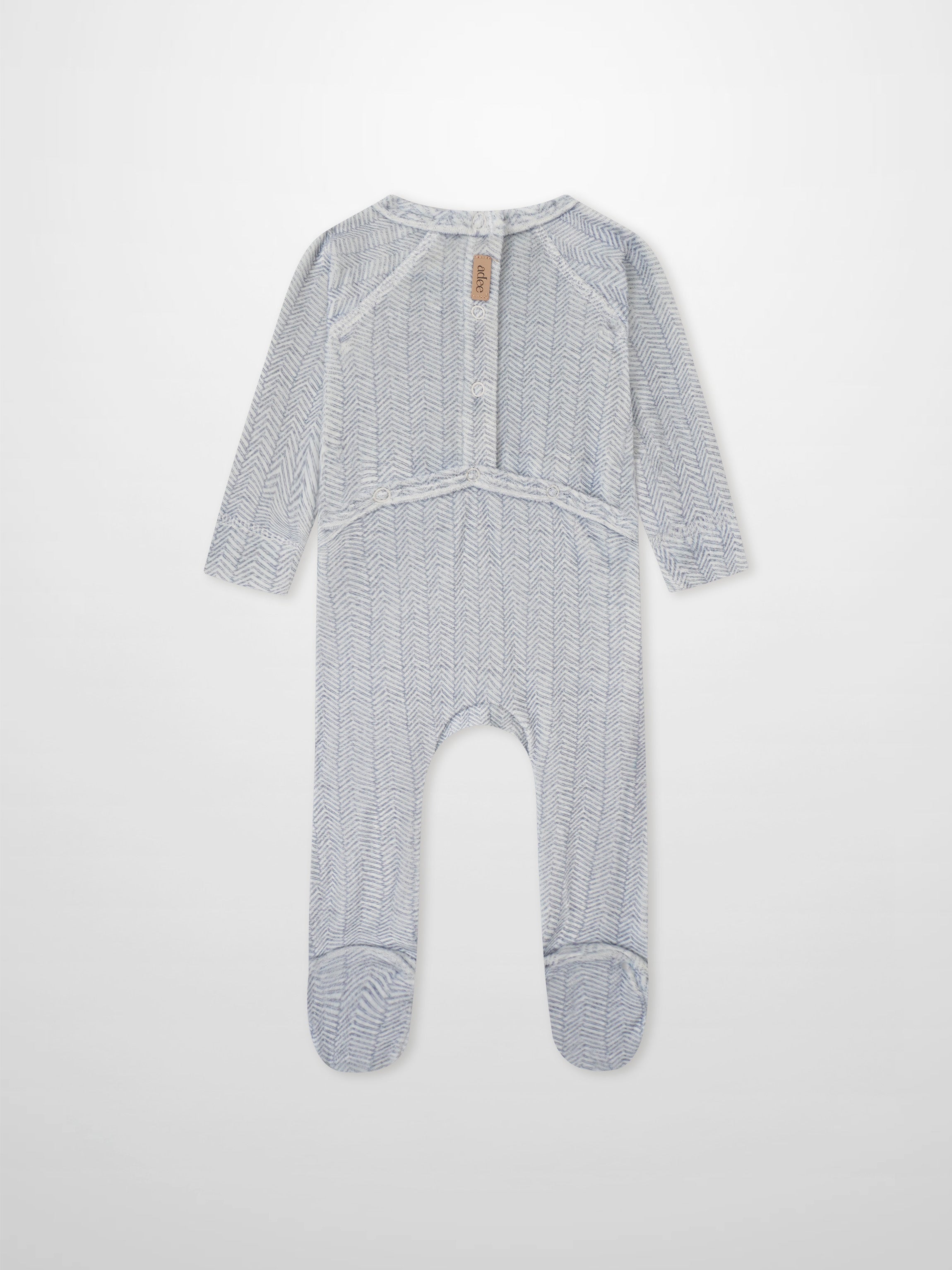 Heritage Herringbone Blue layette set by Adee; blue herringbone footed baby sleeper.