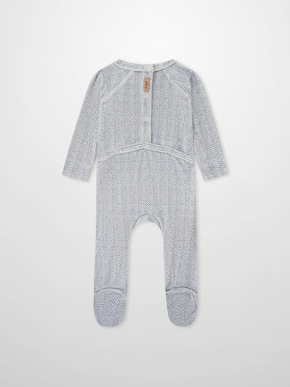 Heritage Herringbone Blue layette set by Adee; blue herringbone footed baby sleeper.