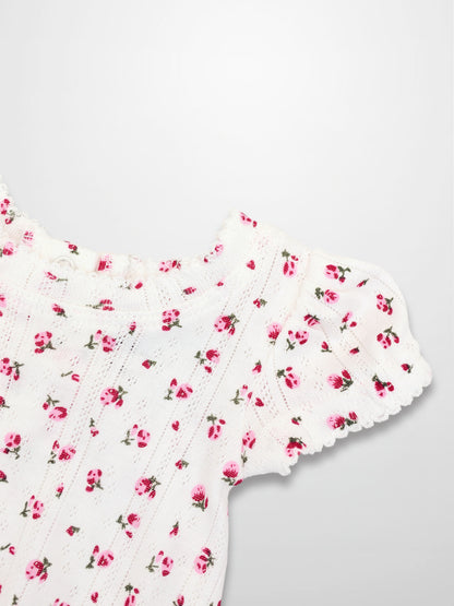 Pointelle Floral Romper, white knit with pink florals, Adee girls apparel