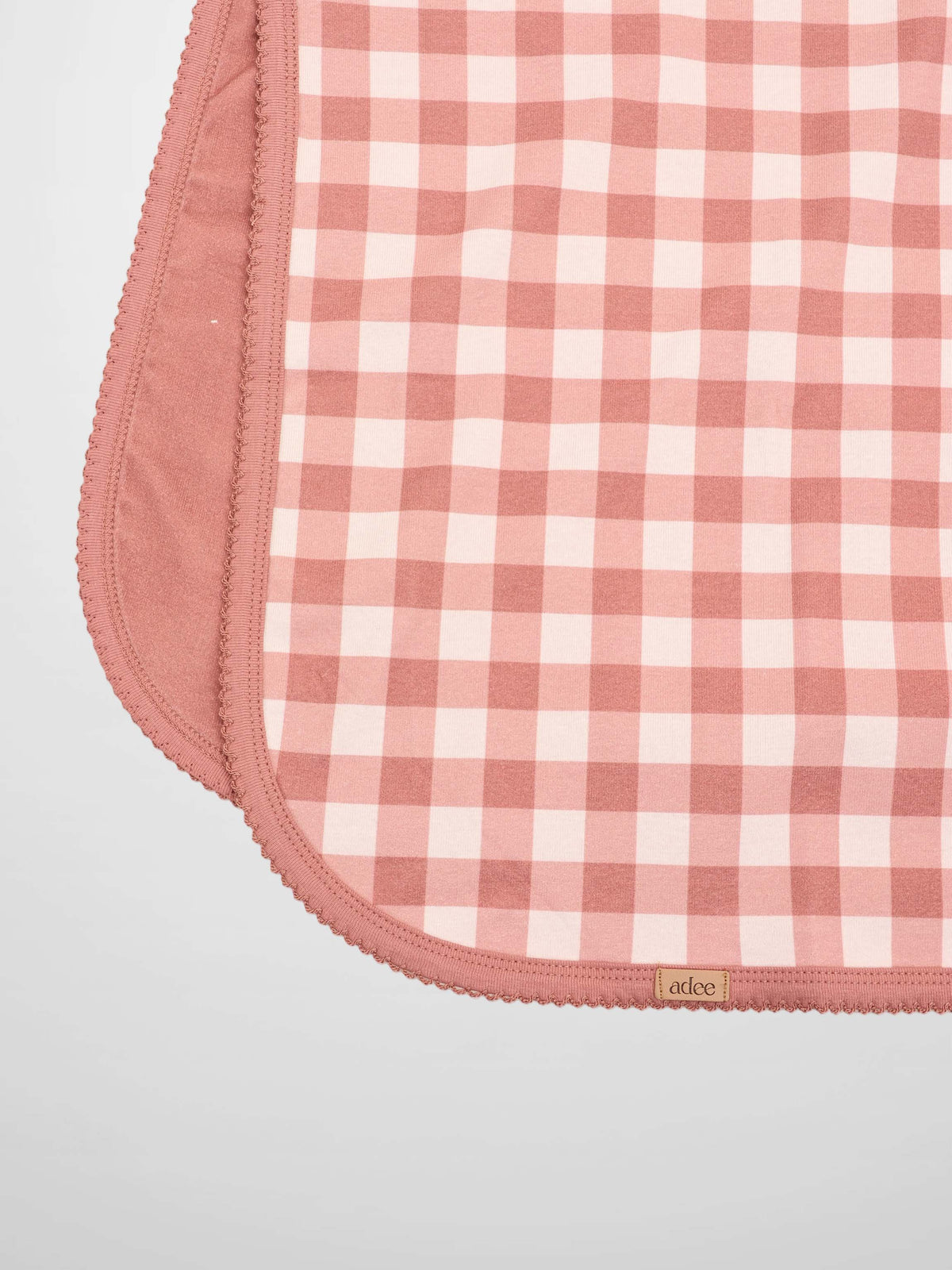 Cherry Frame Blanket pink-and-white gingham girls swaddle receiving blanket with pink trim and Adee tag