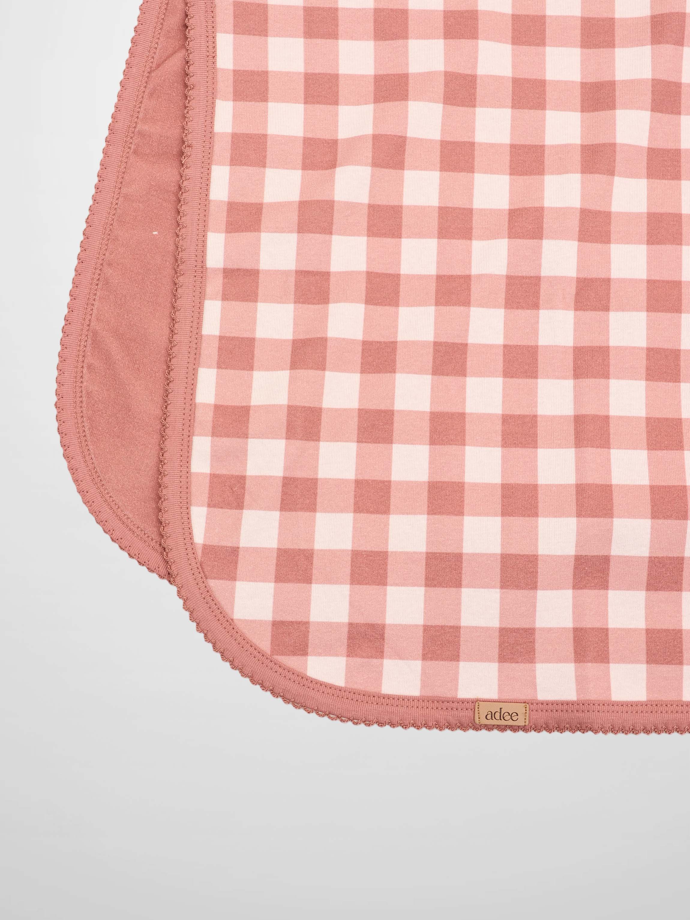 Cherry Frame Blanket pink-and-white gingham girls swaddle receiving blanket with pink trim and Adee tag