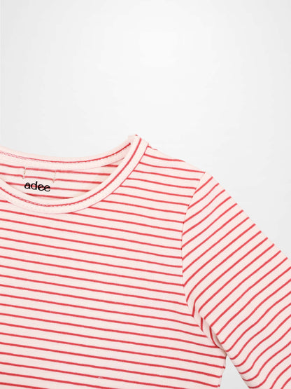 Adee pink striped 3/4 sleeve girls T-shirt with thin red stripes and a crew neck.
