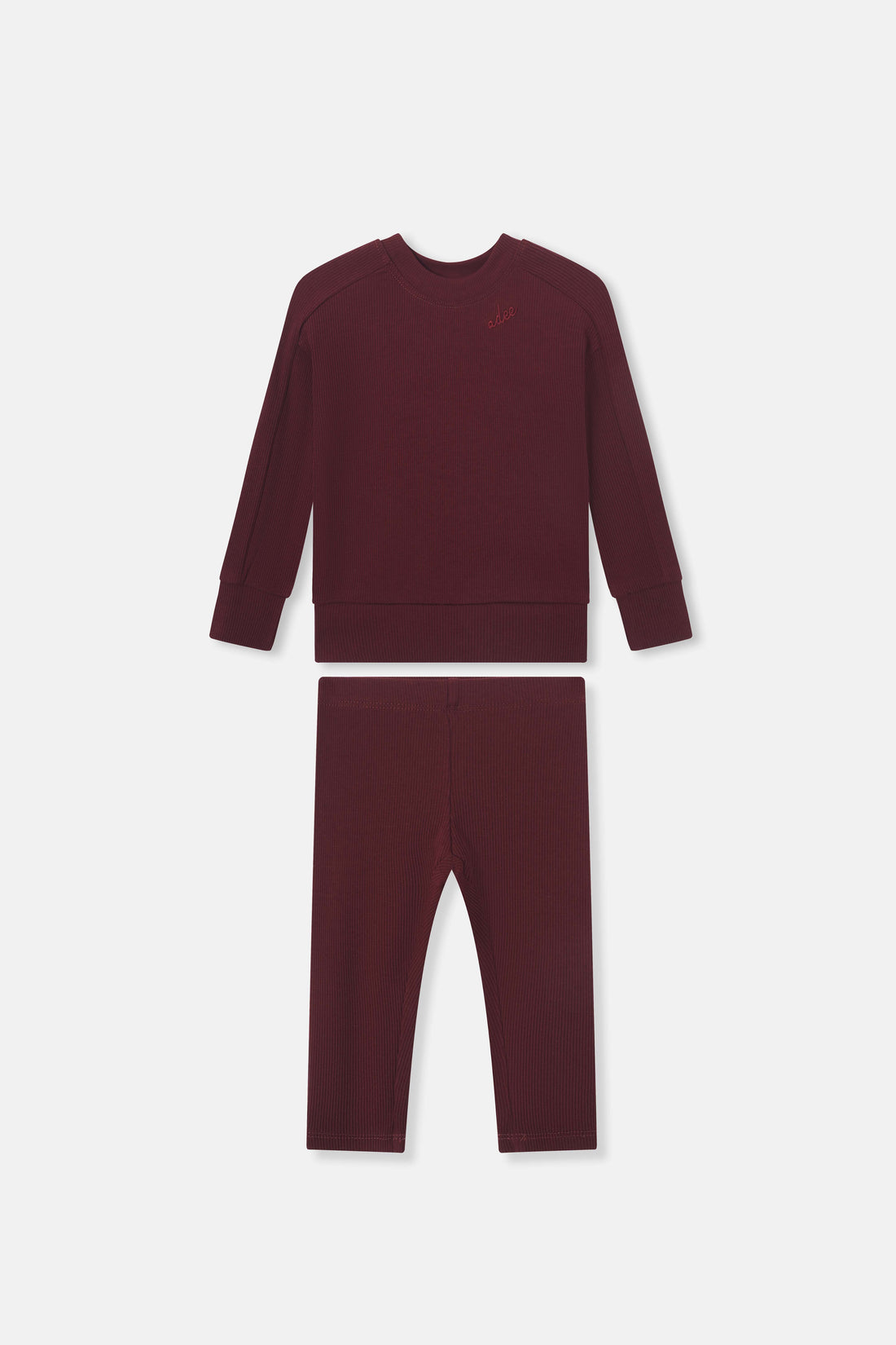 Bomber set burgundy for little girls by Adee; two-piece ribbed knit top and pants.