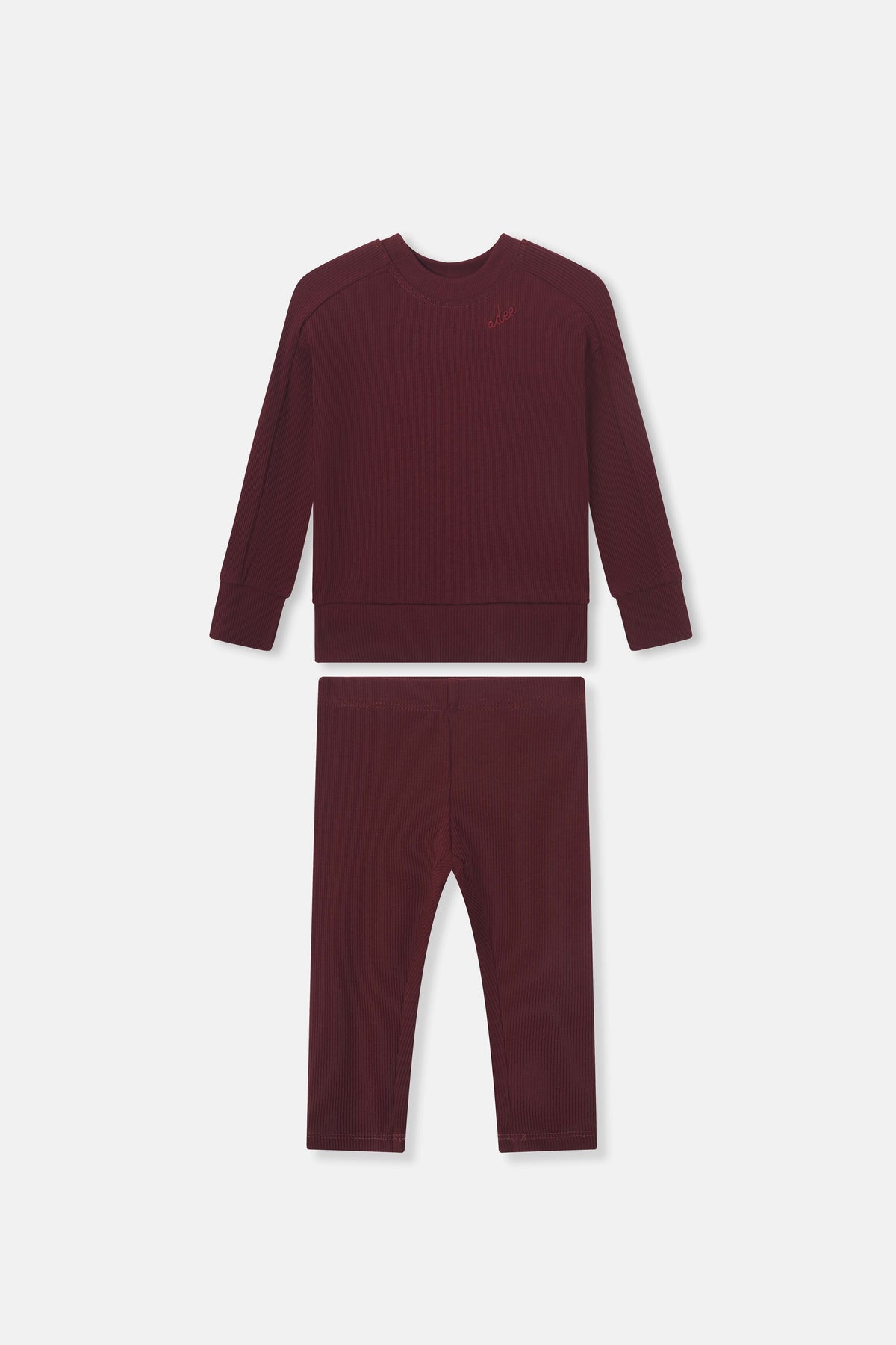Bomber set burgundy for little girls by Adee; two-piece ribbed knit top and pants.