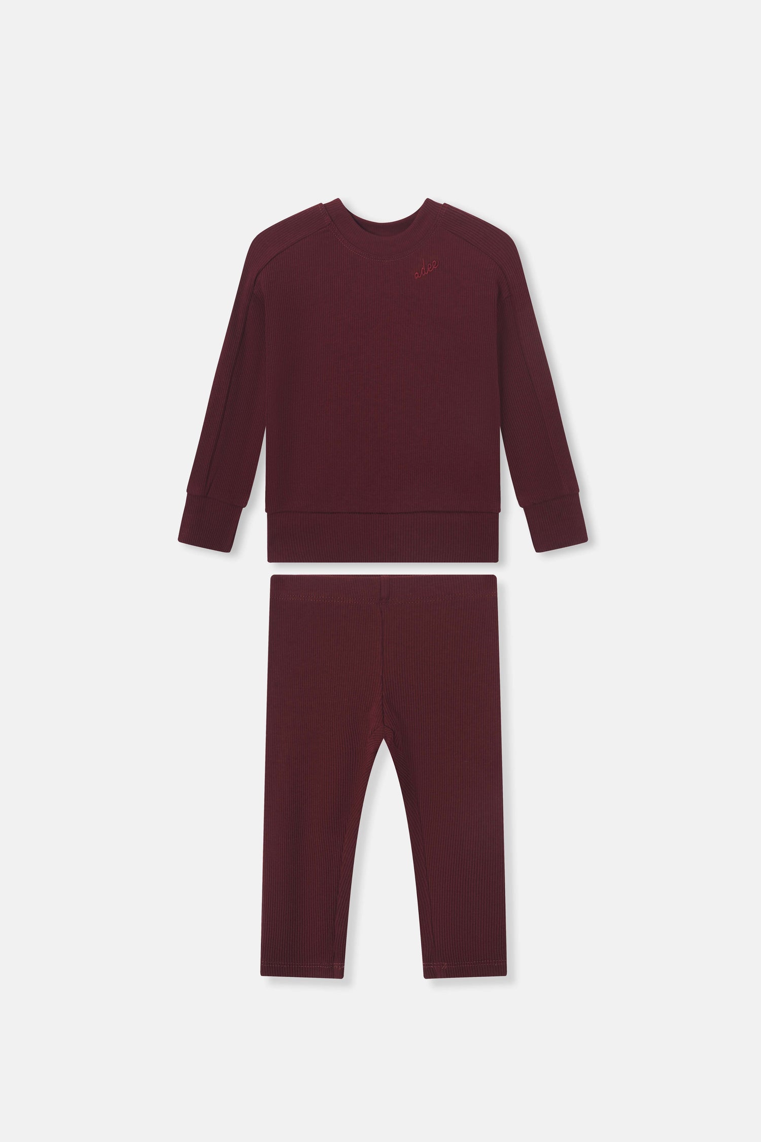 Bomber set burgundy for little girls by Adee; two-piece ribbed knit top and pants.