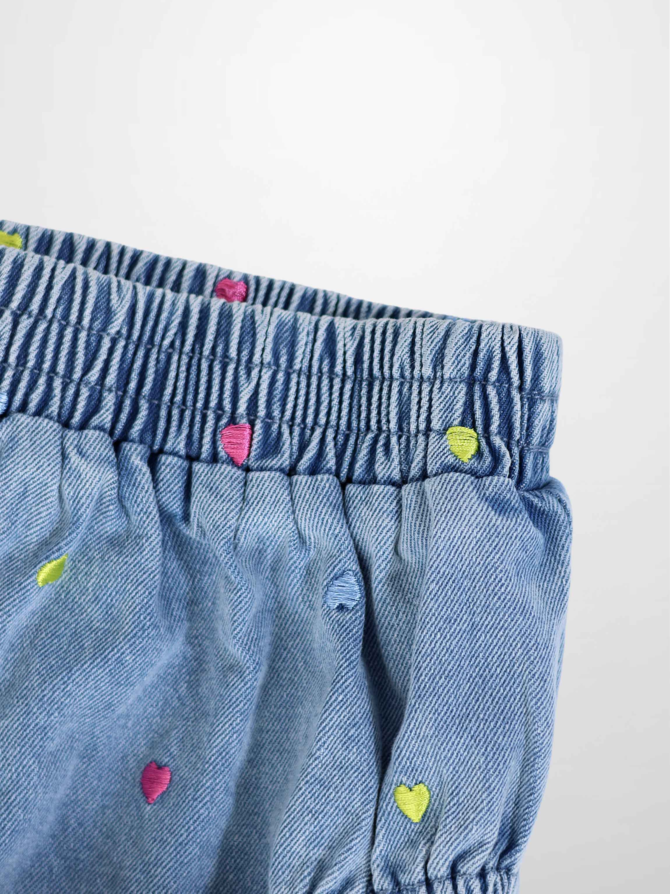 Embroidered Heart Denim Bloomers with pink and lime hearts and elastic waistband.