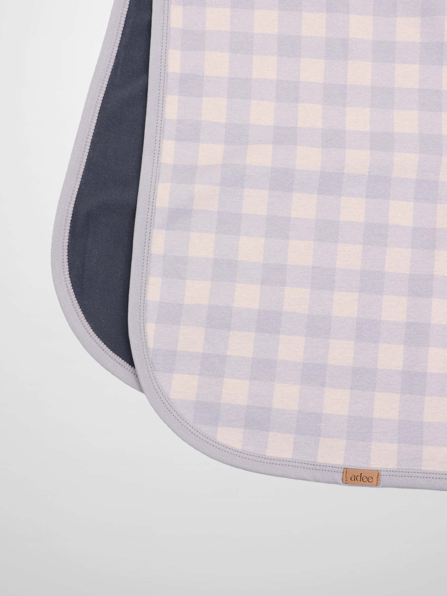 Teddy Frame Blanket for boys swaddle, lavender and pale yellow checkered pattern with purple trim, Adee.
