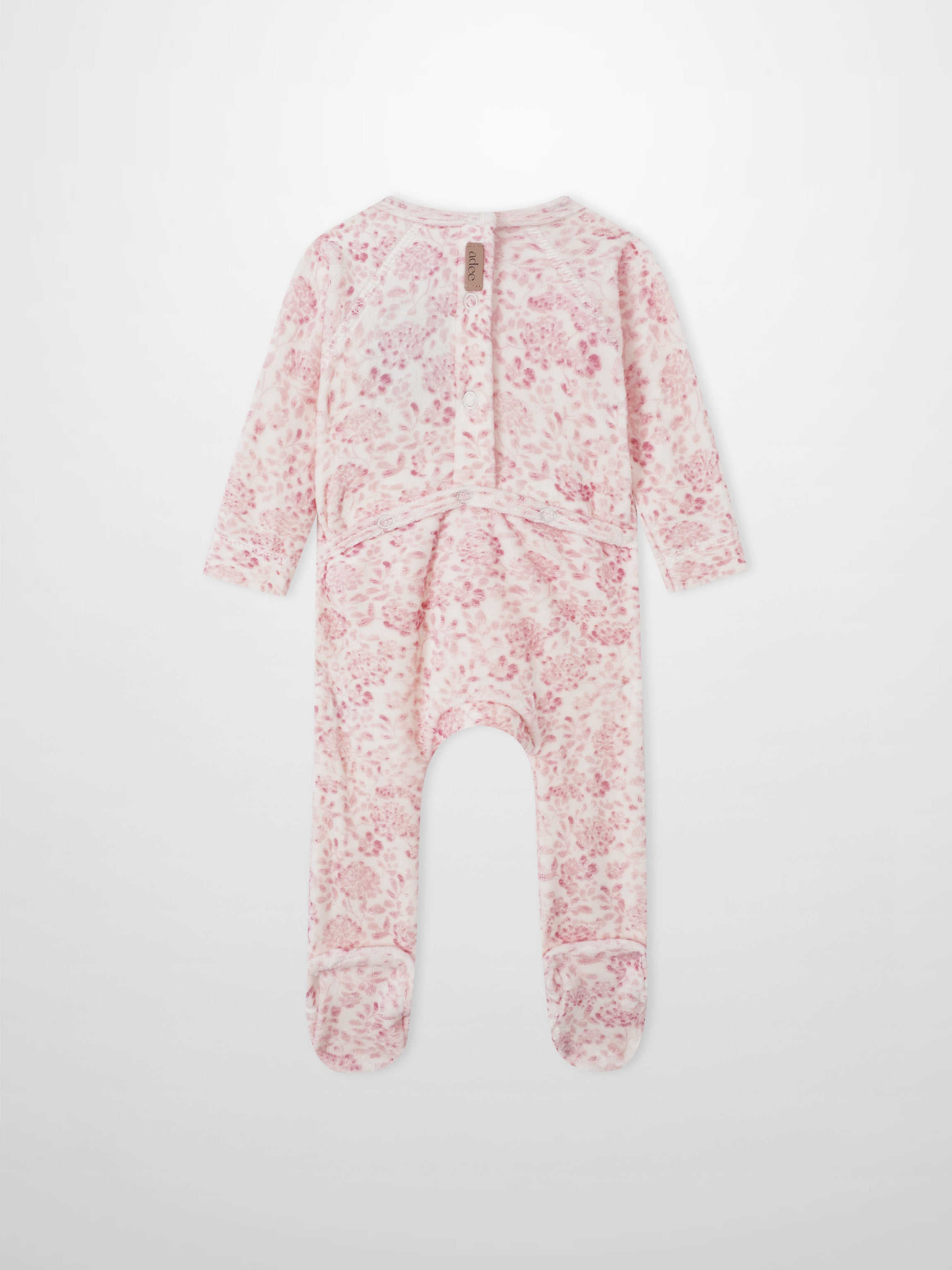 Two Tone Floral Stretchy Girls Stretchies by Adee, pink floral print, footed