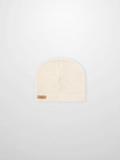 Embroidered Anchor Hat for boys; beige striped knit beanie with Adee tag.