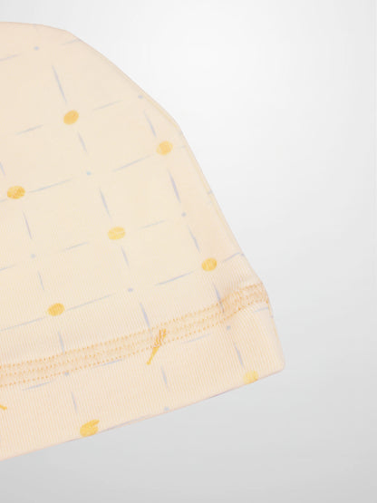 Grand Slam Hat for boys by Adee; peach fabric with thin pale blue strokes and yellow dots