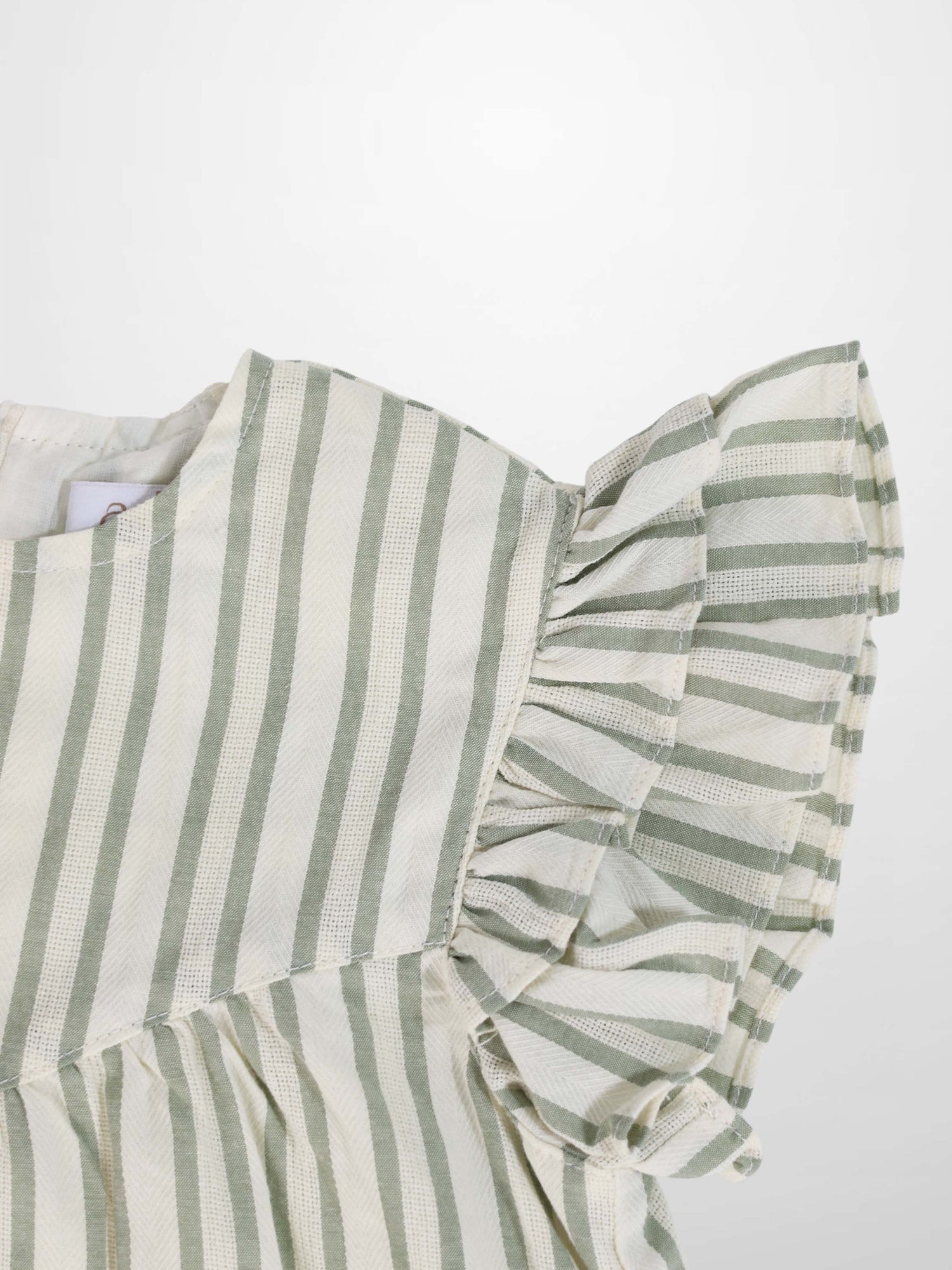 Green Striped Dress for girls by Adee, dressy with a ruffled shoulder