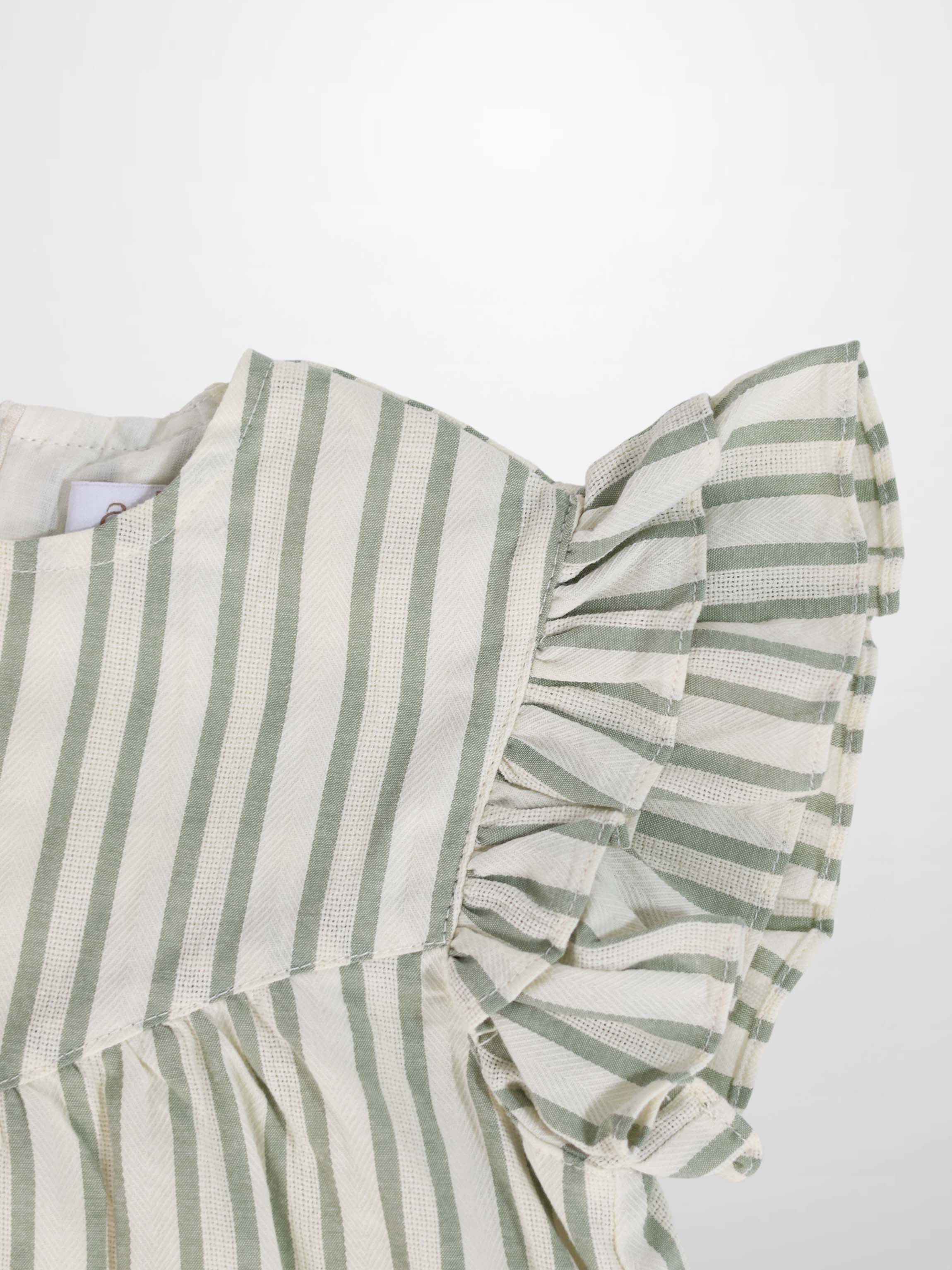 Green Striped Dress for girls by Adee, dressy with a ruffled shoulder