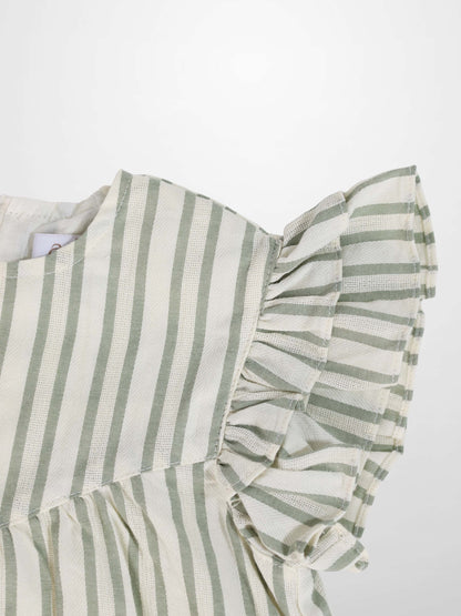 Green Striped Dress for girls by Adee, dressy with a ruffled shoulder