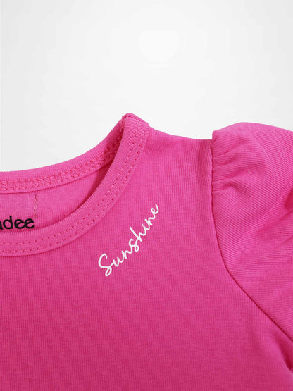 Pink short-sleeve bubble T-shirt for girls, Adee brand, featuring white Sunshine script text